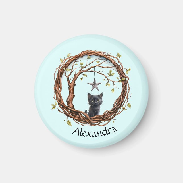 Imã Gatinho Preto Bonito Observando uma Estrela (Frente)