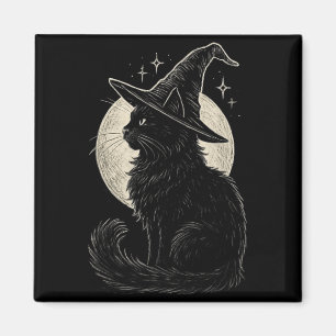 Imã Gatinho Preto Cute Chapéu de Bruxa Lua Retro Coque