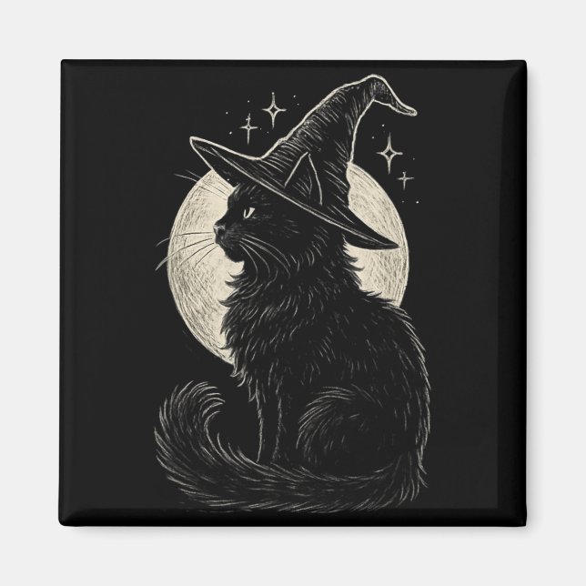 Imã Gatinho Preto Cute Chapéu de Bruxa Lua Retro Coque (Frente)