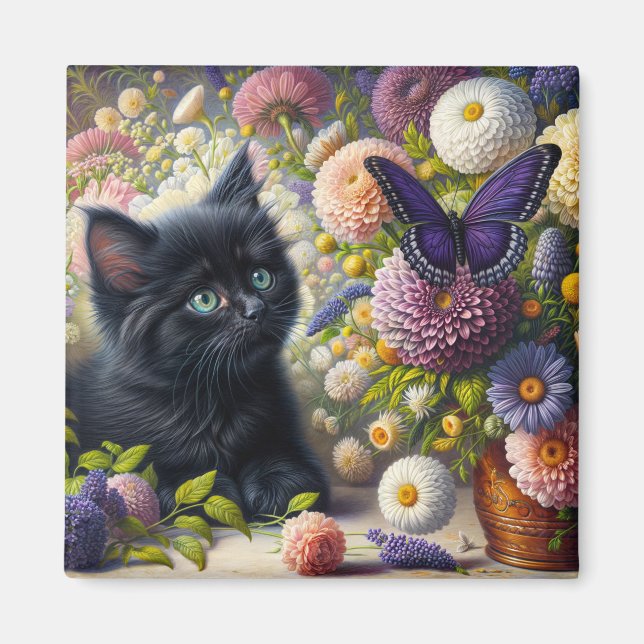 Imã Gatinho Preto Fofo e Floral Borboleta Roxa  (Frente)