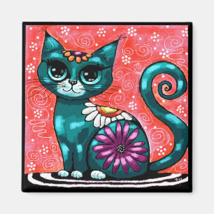 Imã Gatinho Whimsso Sentado em Rã Teal Floral