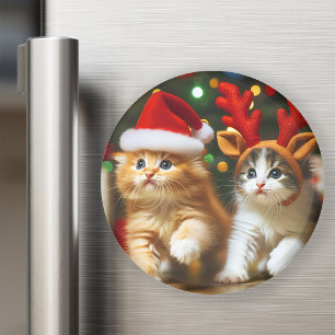 Imã Gatinhos bonitos com Papai Noel e chapéus de rena