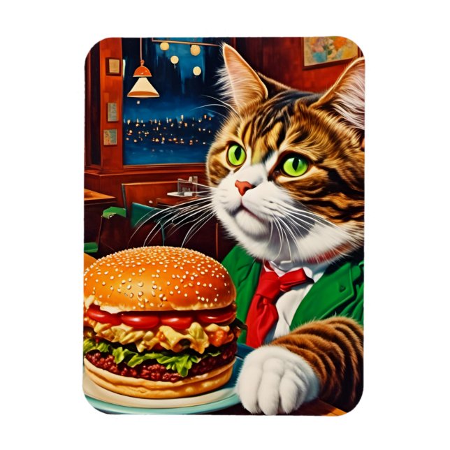 Ímã Gato Adorável num Dinheiro Vintage Cheeseburger (Vertical)