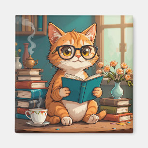 Imã Gato Adorável Usando Óculos Lendo um Livro