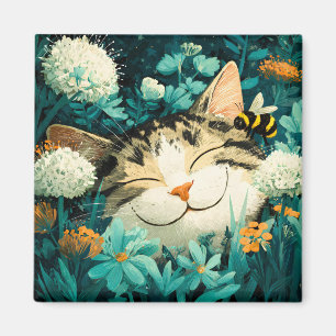 Imã Gato Adormecido em Jardim de Flores com Abelha em