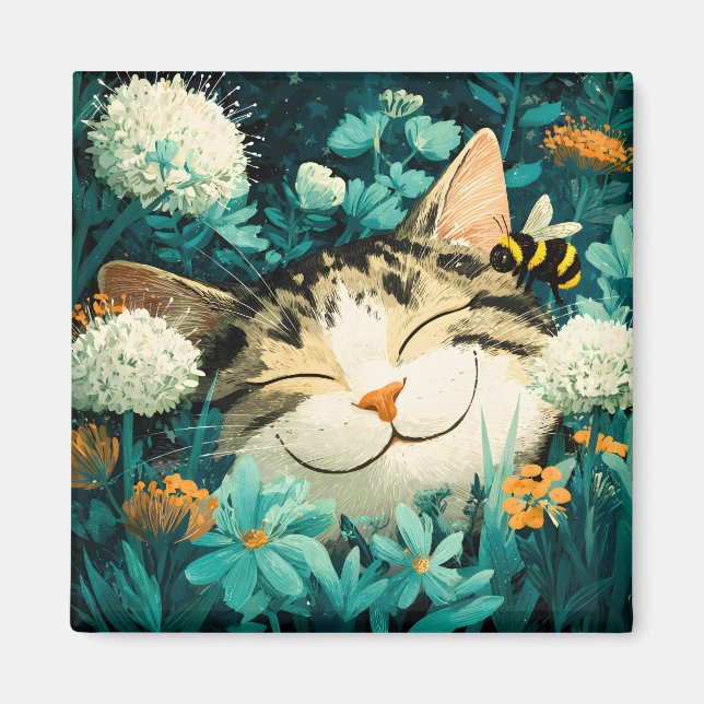 Imã Gato Adormecido em Jardim de Flores com Abelha em  (Frente)