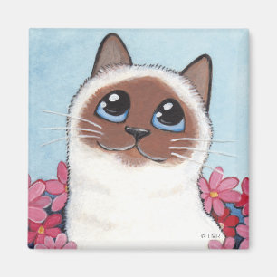 Imã Gato aguçado de Birman & flores - ímã da arte d
