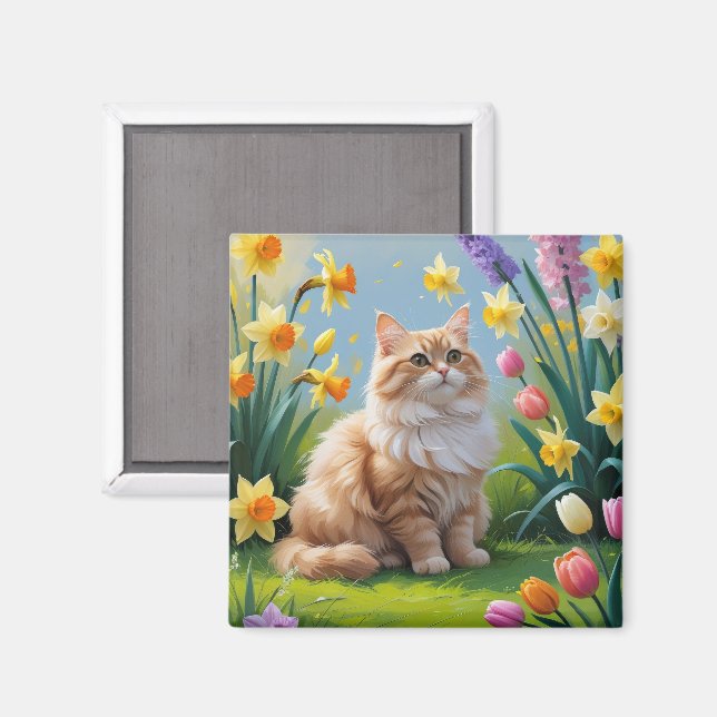 Imã Gato Angora Turco Pintura de Flores de Primavera (Front/Back)