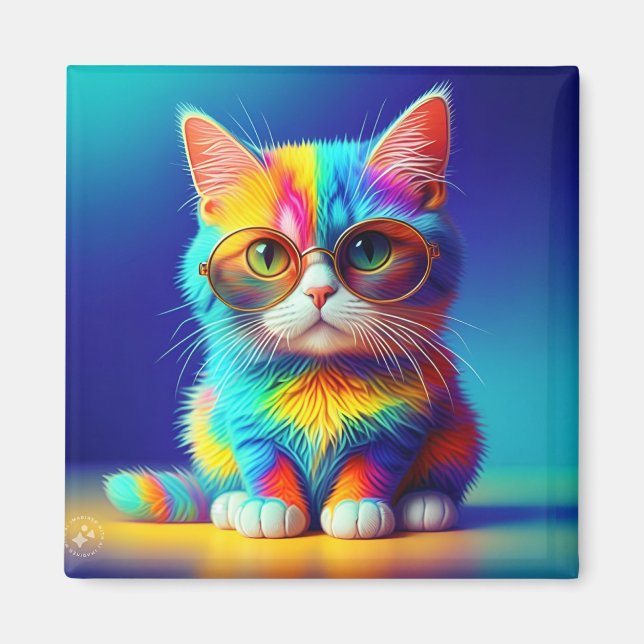 Imã Gato Arco-íris com Óculos Retrato-47567 (Frente)