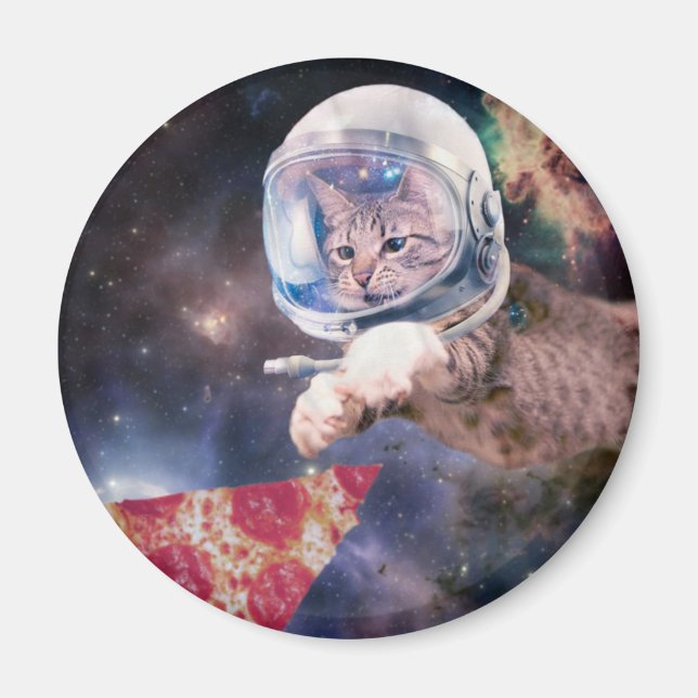 Imã Gato astronauta caçando uma fatia de pizza (Frente)