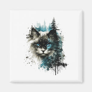 Imã Gato Azul Olhos Gatos Motif Art Forest Animal Cat