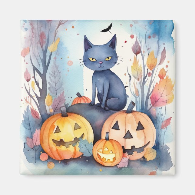 Imã Gato Azul Oriental do Halloween com Abóboras Assus (Frente)