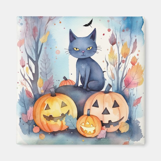 Imã Gato Azul Oriental Halloween Com Pumpkins Assustad (Frente)