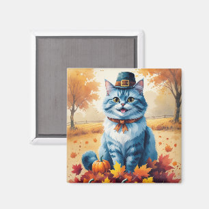 Imã Gato Azul Oriental nas Folhas de Outono de Ação de