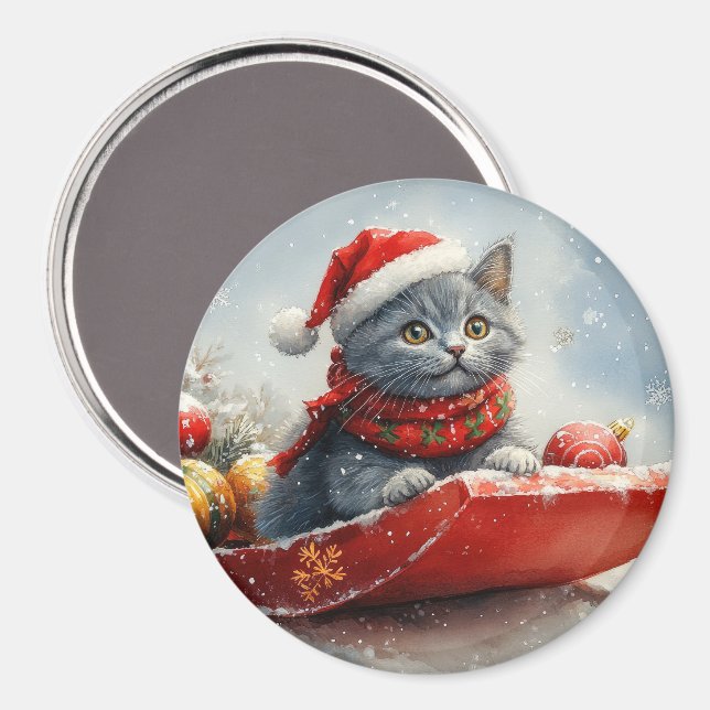Imã Gato Azul Russo com Lama Deixe-o nevar no Natal (Front/Back)