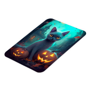 Ímã Gato Azul Russo de Halloween com Abóboras Assustad