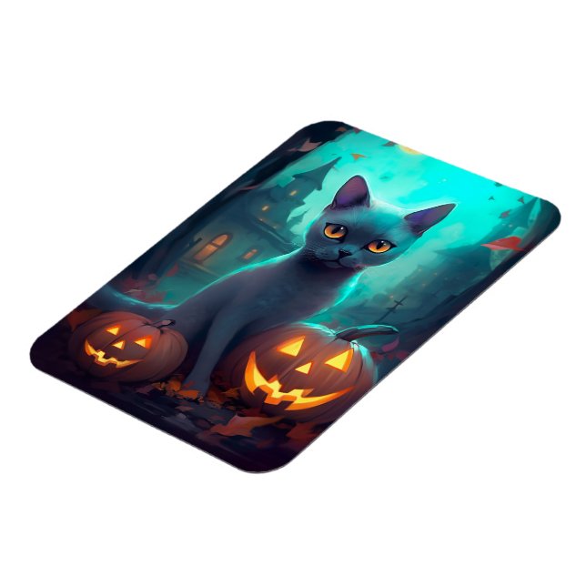 Ímã Gato Azul Russo de Halloween com Abóboras Assustad (Left Side)