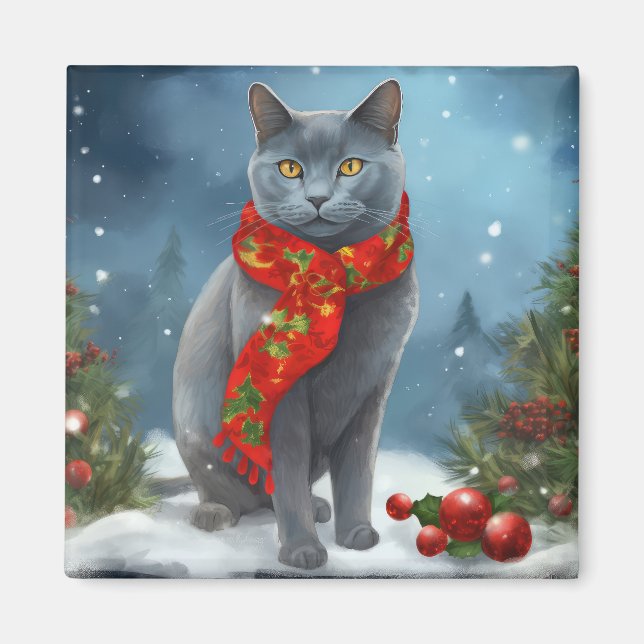 Imã Gato Azul russo no Natal da neve (Frente)