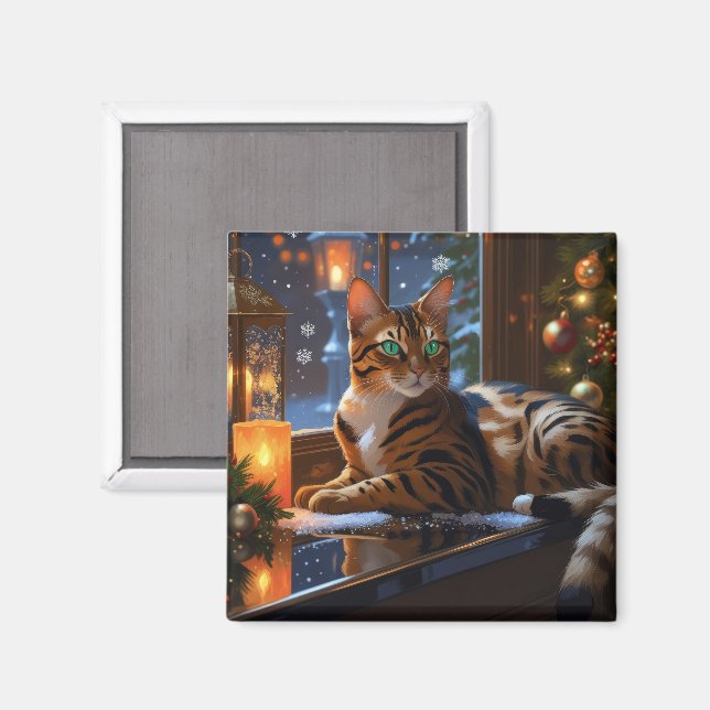 Imã Gato Bengal com Luzes de Natal Feriado (Front/Back)