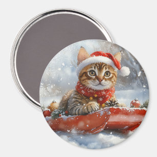 Imã Gato Bengal em Trenó Deixe Nevar Natal