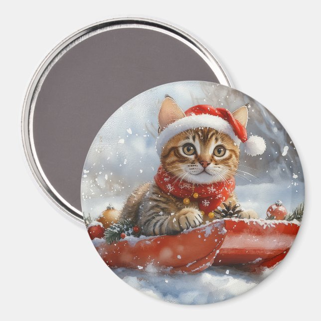 Imã Gato Bengal em Trenó Deixe Nevar Natal (Front/Back)