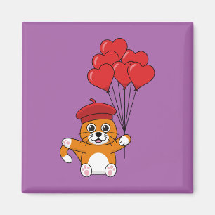 Imã Gato Bonito com Balões de Coração Vermelho