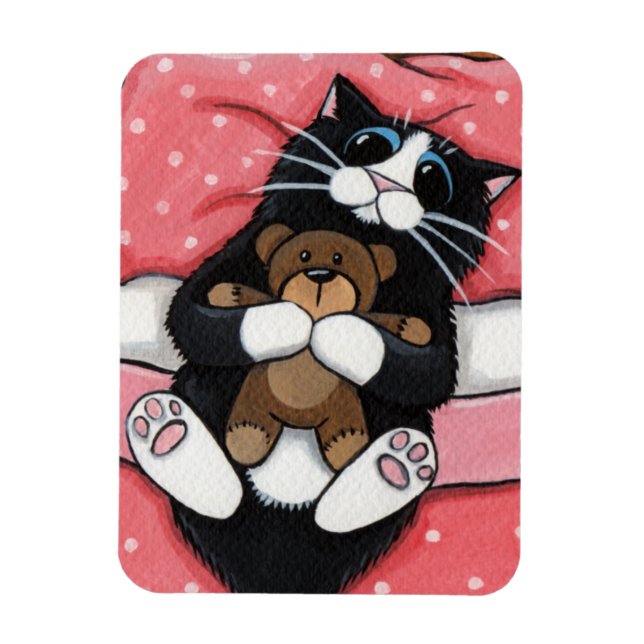 Ímã Gato Bonito com Urso de Teddy na Cama (Vertical)