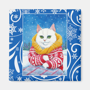Imã Gato branco bonito, natureza do inverno do Natal