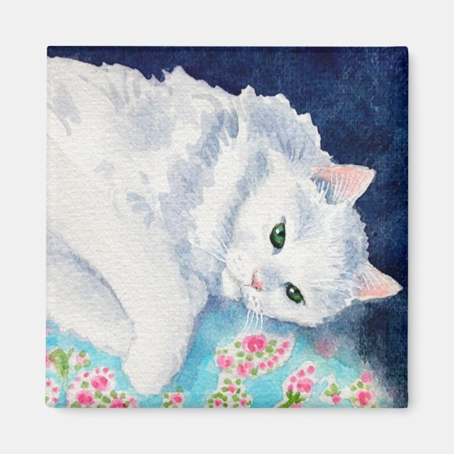 Imã Gato branco com íman de colcha floral (Frente)