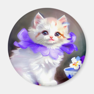 Imã Gato branco com pintura de colarinho de flores rox
