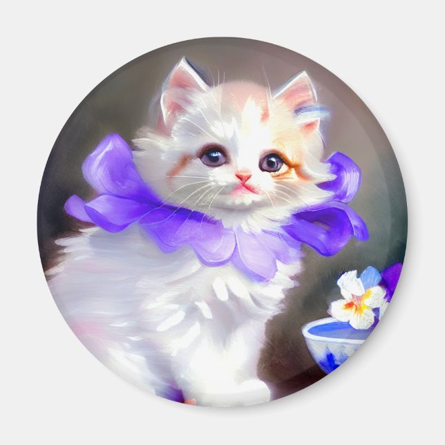 Imã Gato branco com pintura de colarinho de flores rox (Frente)