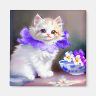 Imã Gato branco com pintura de colarinho de flores rox