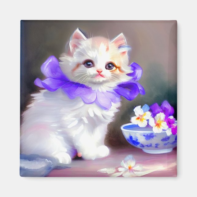 Imã Gato branco com pintura de colarinho de flores rox (Frente)