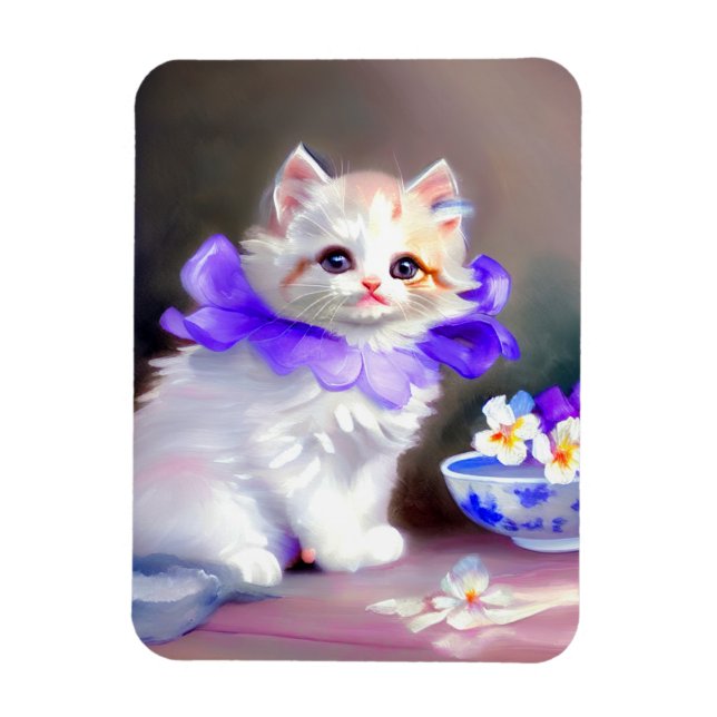Ímã Gato branco com pintura de colarinho de flores rox (Vertical)