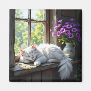 Imã Gato Branco Dormindo e Flores Roxas 