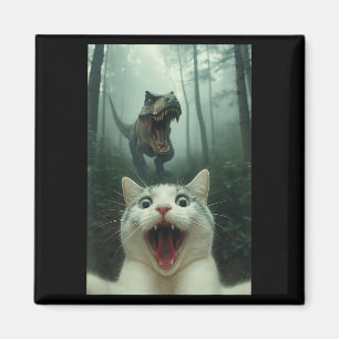Imã Gato Branco Engraçado Selfie Com T-rex Dinossauro,