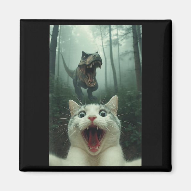 Imã Gato Branco Engraçado Selfie Com T-rex Dinossauro, (Frente)