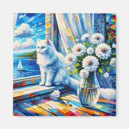 Imã Gato Branco na Janela ainda olhando para o Oceano