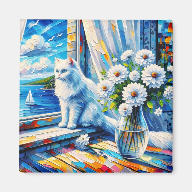 Imã Gato Branco na Janela ainda olhando para o Oceano (Frente)