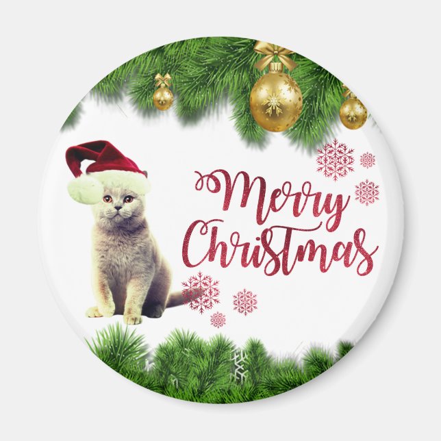 Imã Gato,Chapéu de Papai Noel,Bolas de Natal (Frente)