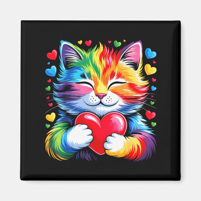 Imã Gato Coração Arco-íris, Dia dos Namorados Fofo Par (Frente)