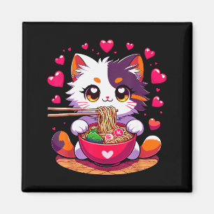 Imã Gato de Anime Comendo Macarrão com Corações Valent