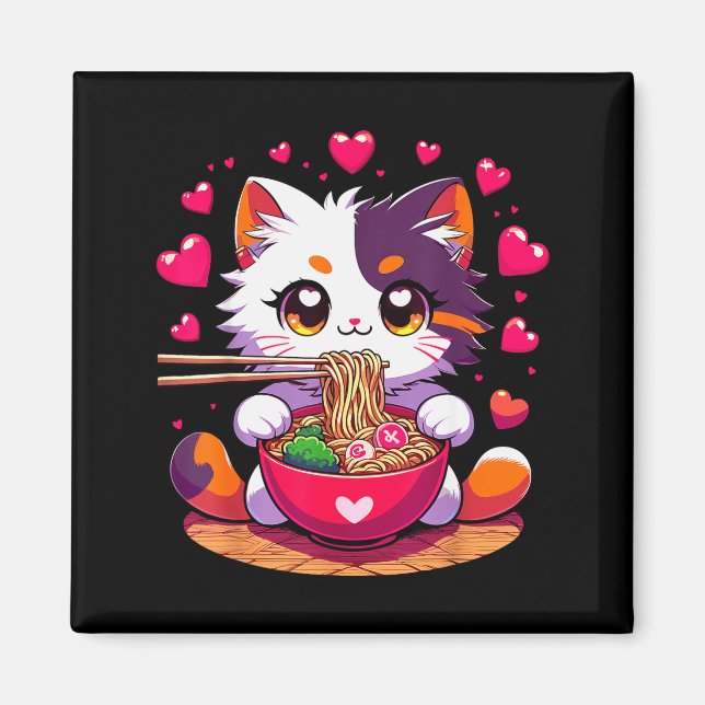 Imã Gato de Anime Comendo Macarrão com Corações Valent (Frente)