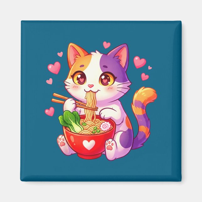 Imã Gato de Anime Comendo Macarrão Ramen Com Corações  (Frente)
