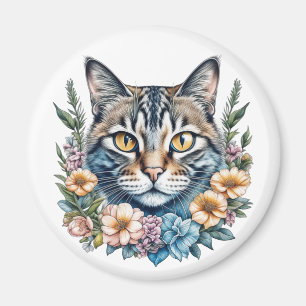 Imã Gato de Aquarela Cuta com Flores