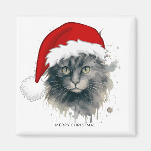 Imã Gato De Aquarela Em Um Papai Noel Feliz Natal