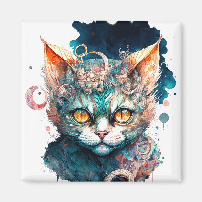 Imã Gato de aquarela no estilo steampunk (Frente)