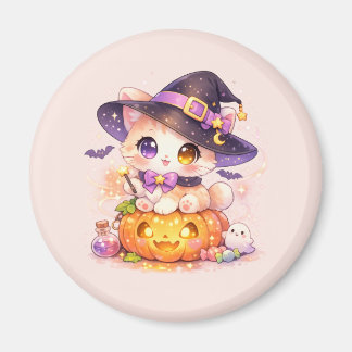 Imã Gato de Bruxa Kawaii & Abóbora Halloween Pastel
