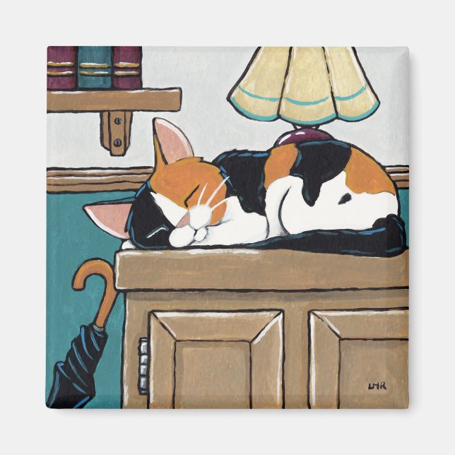 Imã Gato de Calico Dormindo na Pintura de Cupboard (Frente)