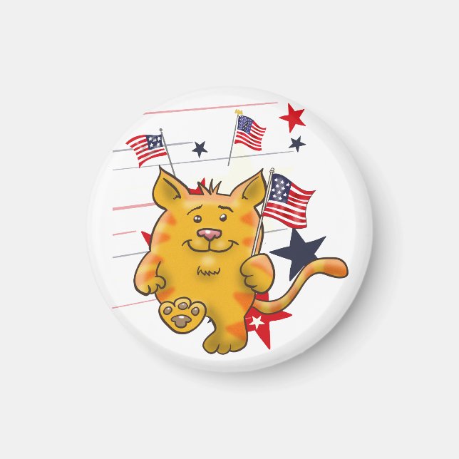 Imã Gato de Cartoon com Bandeira Americana (Frente)